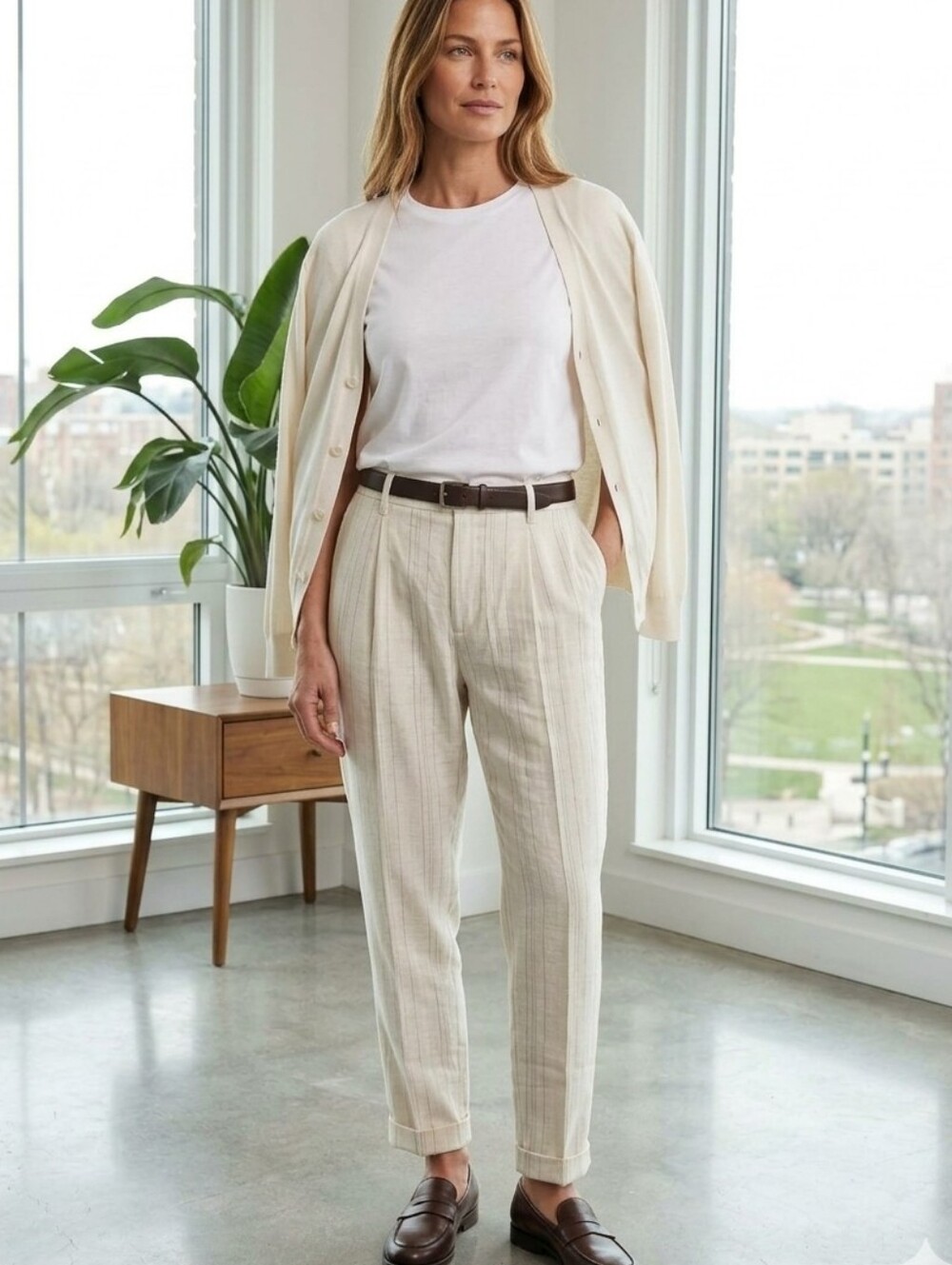 Brunello Cucinelli Cream Pleated Tapered Pinstripe Chinos Luxury